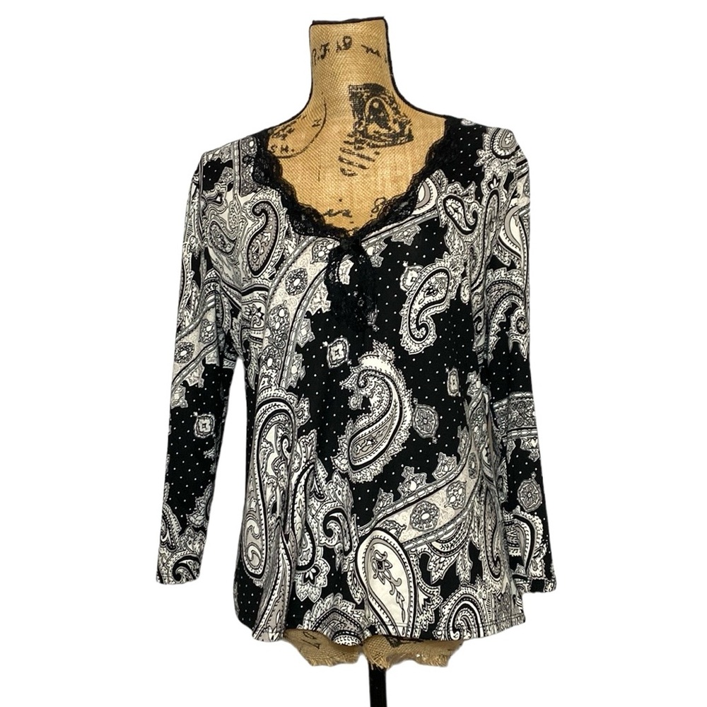 Linea Donatella Black Lace Paisley V-Neck Top L
